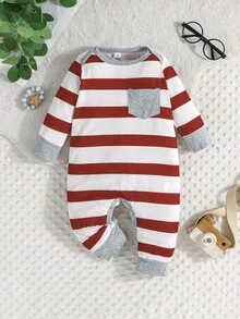 3pcs/Set Baju Terusan Bayi Laki-laki Kasual Nyaman Musim Semi Musim Gugur Baru Motif Bintang Garis Tipis Lengan Panjang - Merah - View 5