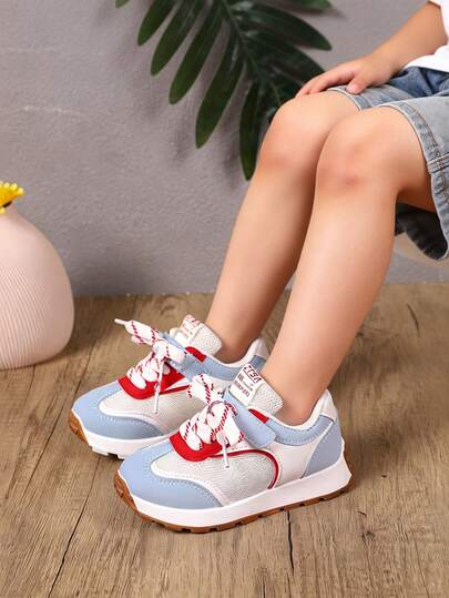Girls' Retro Blue & Red Patchwork Mesh Casual Sports Shoes, Children Soft Bottom Non-Slip Breathable Flat Running Shoes, Suitable For Daily Wear And Outdoor Activities, Spring & Autumn