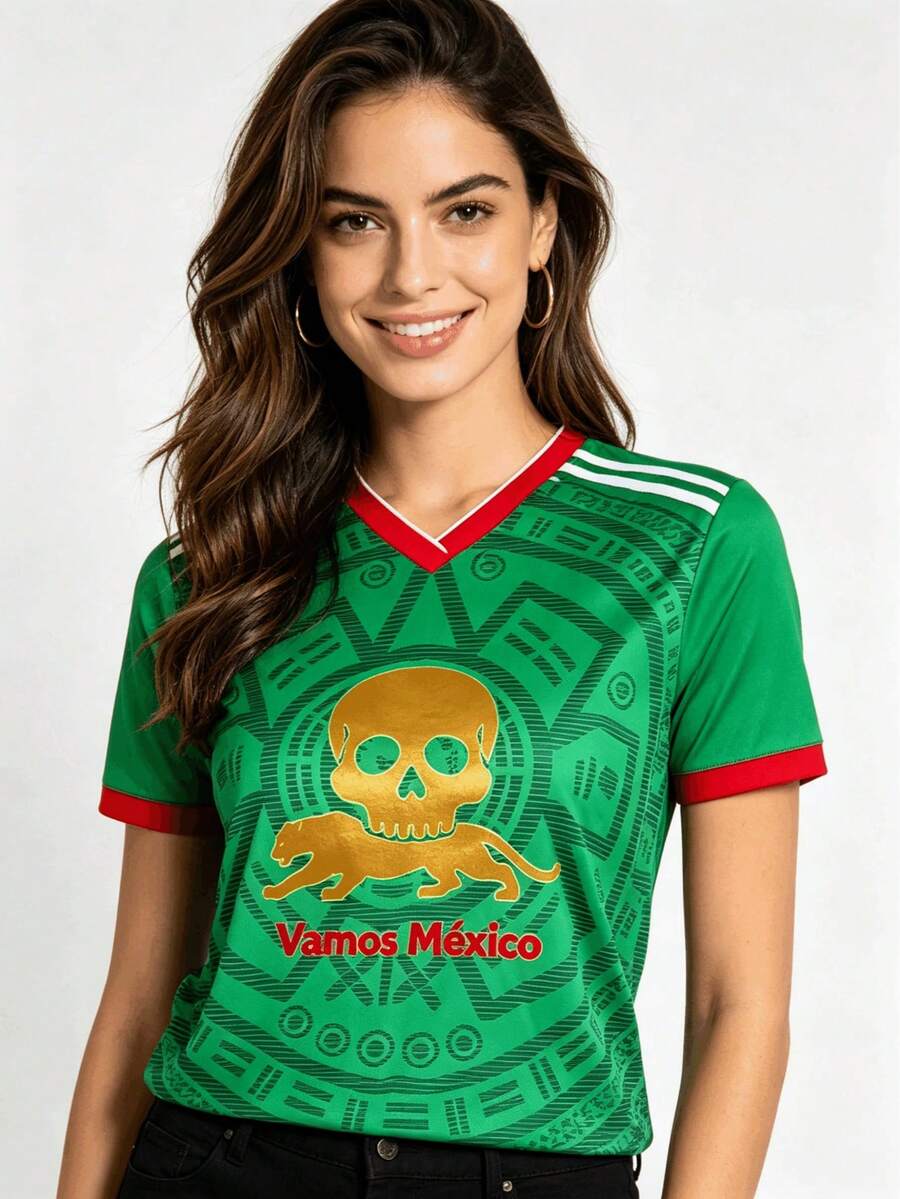 VAMOS MÉXICO Camiseta informal de cosplay de manga corta y cuello redondo de tela tejida para fiestas - Blanco - Ver 1