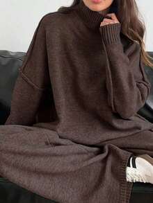 2 piezas Conjunto de suéter de manga larga de hombro caído con cuello alto sólido y pantalones anchos de punto para mujer, otoño/invierno - Café integral - Ver 3