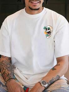 180gsm Heavyweight 100% Cotton T-Shirt - Tropical Skull Graphic Print, Regular Fit, Casual Summer Sport T-Shirt For Outdoor Activities, Breathable Crew Neck Design, Outdoor T-Shirt| Eye-Catching Graphic Tee| Comfortable Fit T-Shirt - 白色 - 查看 6