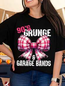 Camiseta de las bandas grunge y garage de los 90 con diseño de lazo a cuadros rosa para mujer, camiseta de moda, regalo para amantes de la música retro, arte ponible para conciertos y fiestas. - Negro - Ver 1