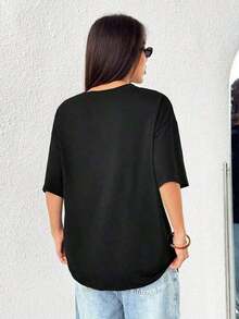 Camiseta de mujerCamisa para mujeres, camisa casual femenina, camisa elegante para mujeres, camiseta para mujeres, camisas adaptadas a mujeres con figura redonda, ropa deportiva femenina, camiseta corta con estampado, camiseta deportiva casual de estilo callejero para veranoCómoda y ligera - Negro - Ver 3