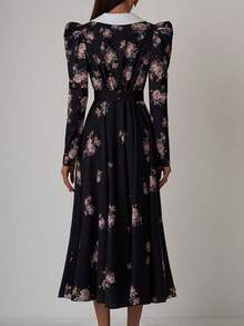 Vestido largo estampado vintage primavera 2026, cintura ajustada y corte amplio elegante - Negro - Ver 6