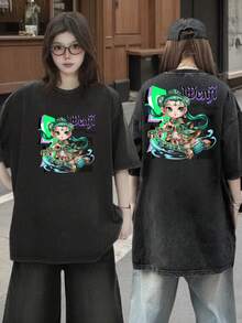 Unisex Retro Washed Loose-Fit T-Shirt In Black, Featuring A Wenji Character In Q Version From The Game "Honor Of Kings" And The Slogan "Healing Melody", Combining Elements Of Traditional Green Gamer Clothing, The Musical Instrument Guqin, Musical Themes And Anime Street Aesthetic. - 黑色 - 查看 4