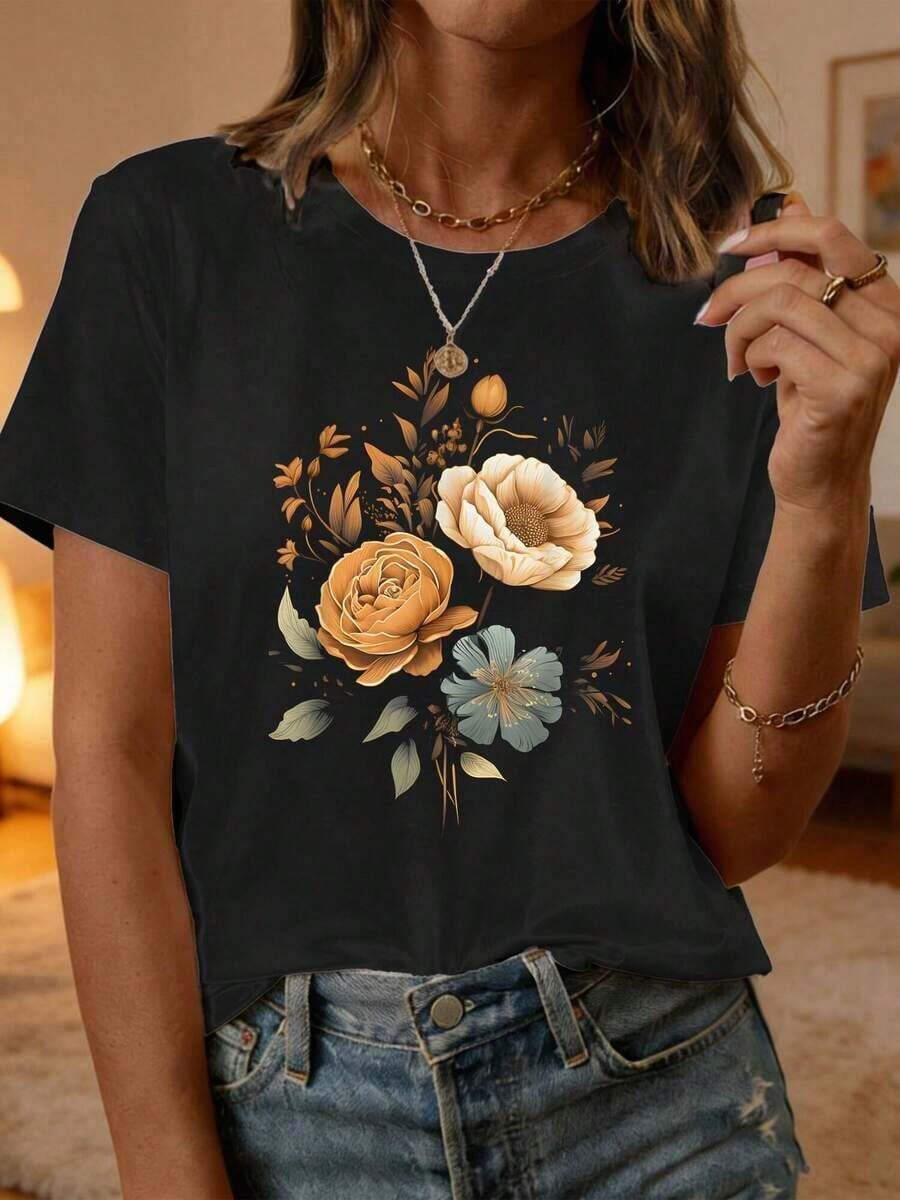 Women's Casual Crew Neck T-Shirt, Sizes S-5XL, Wildflower Botanical Print, Short Sleeve, Versatile For Travel, Vacation And Everyday Wear, Various Colors Available - 黑色 - 查看 1