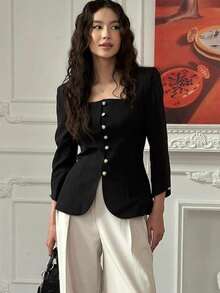 Blazer negro estilo tweed 2026, cuello cuadrado, corte ajustado de alto diseño - Negro - Ver 4
