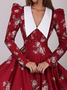 Vestido largo estampado vintage primavera 2026, cintura ajustada y corte amplio elegante - Rojo - Ver 3
