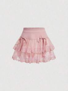MOD Falda de malla de doble capa con decoración de lazo y dobladillo con volantes para mujer - Rosa - Ver 9