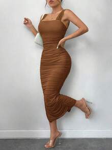 Vestido de graduación; Vestido ajustado de malla con superposición fruncida y abertura en el muslo, vestidos en tonos pastel para mujeres - Marrón - Ver 4