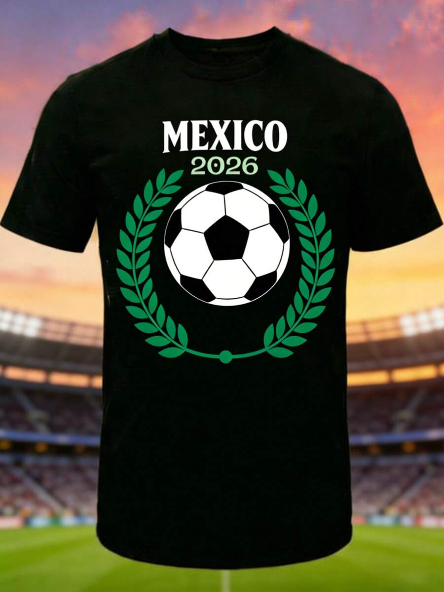 Hombres 002 | | Fútbol | Camiseta deportiva con el logo del fútbol en los colores de la bandera mexicana, con la impresión "MÉXICO 2026", ideal para los aficionados al fútbol que desean mostrar su apoyo en futuros eventos deportivos. - Negro - Ver 1