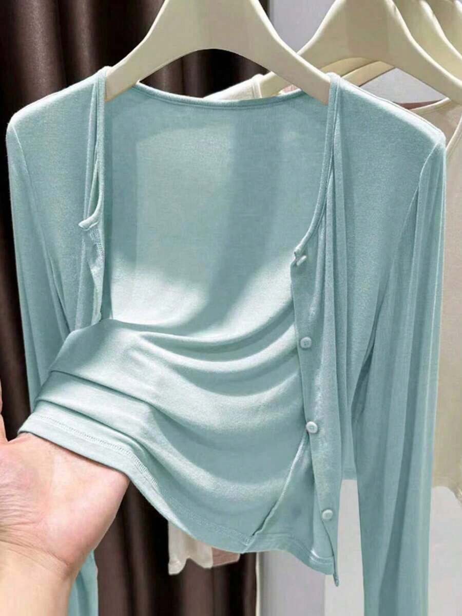 Chaqueta ligera de unicolor de estilo minimalista para mujer, adecuada para el uso diario en primavera/otoño - Celeste - Ver 1