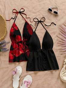 2 piezas Camiseta sin espalda con escote en V y tirantes con estampado de leopardo sexy, adecuada para vacaciones, citas, té de la tarde, vacaciones, festivales de música, estilo bohemio - Multicolor 19 - Ver 7