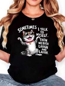 Camiseta Casual Elegante con Diseño de Gato de Dibujos Animados con Gafas de Moda y Campana, 1 Pieza, Talla Grande para Mujer, Camiseta Divertida de Manga Corta con Diseño Gráfico, Novedosa, 100% Poliéster, Cuello Redondo Casual, 220g, Playera - Negro - Ver 7