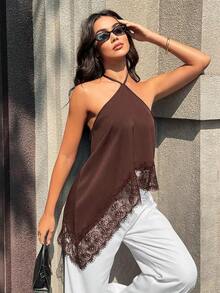 Camiseta de tirantes finos y sin mangas casual y sexy para mujer, camisola de satén con bajo asimétrico de malla, adecuada para citas nocturnas, vacaciones, despedidas de soltero y fiestas de cumpleaños en verano - Marrón - Ver 3