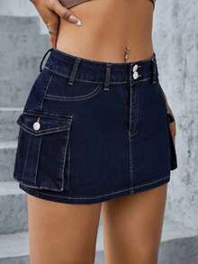Falda en mezclilla con bolsillo con solapa - Azul lavado oscuro 2 - Ver 6