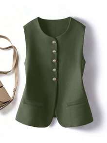 Cárdigan de cuello redondo elegante y casual de estilo vintage para mujer - Verde militar - Ver 6