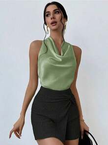 1 pieza Blusa de mujer con cuello de lazo en color albaricoque, minimalista y elegante, top sin mangas - verde menta - Ver 7