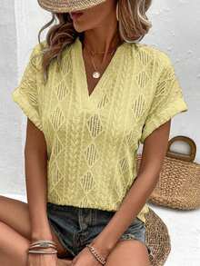 Camiseta suelta de mujer de manga de murciélago con escote en pico, de tela texturizada de unicolor, para verano y vacaciones - Amarillo - Ver 4