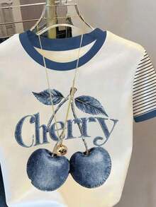 Nuevo estilo de gran , camiseta de mujer de manga corta con rayas decoradas con strass de estilo retro americano, adecuada para ir a la escuela, de compras y salir con amigas por la calle, y versátil en primavera y verano - Multicolor 2 - Ver 3