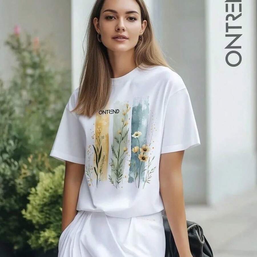 Nueva camiseta de verano de algodón estampada con diseño 2026, de manga corta, estilo coreano, holgada y a la moda, camiseta de moda popular en internet. - Blanco - Ver 1