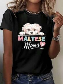 Camiseta de Mujer con Estampado de Madre Maltesa, Cuello Redondo Casual, Tela de Poliéster, Estampado Geométrico de Perro, Corte Regular Adecuado para Todas las Temporadas - Negro - Ver 6