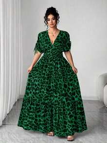 Elenzya Vestido maxi elegante de talla grande para mujer con cuello en V, estampado de leopardo, manga corta fruncida y falda acampanada - Verde Oscuro - Ver 7