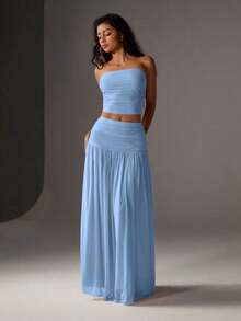 Unity Conjunto de 2 piezas de top corto de bustier de malla de unicolor y falda larga para mujer - Azul - Ver 7