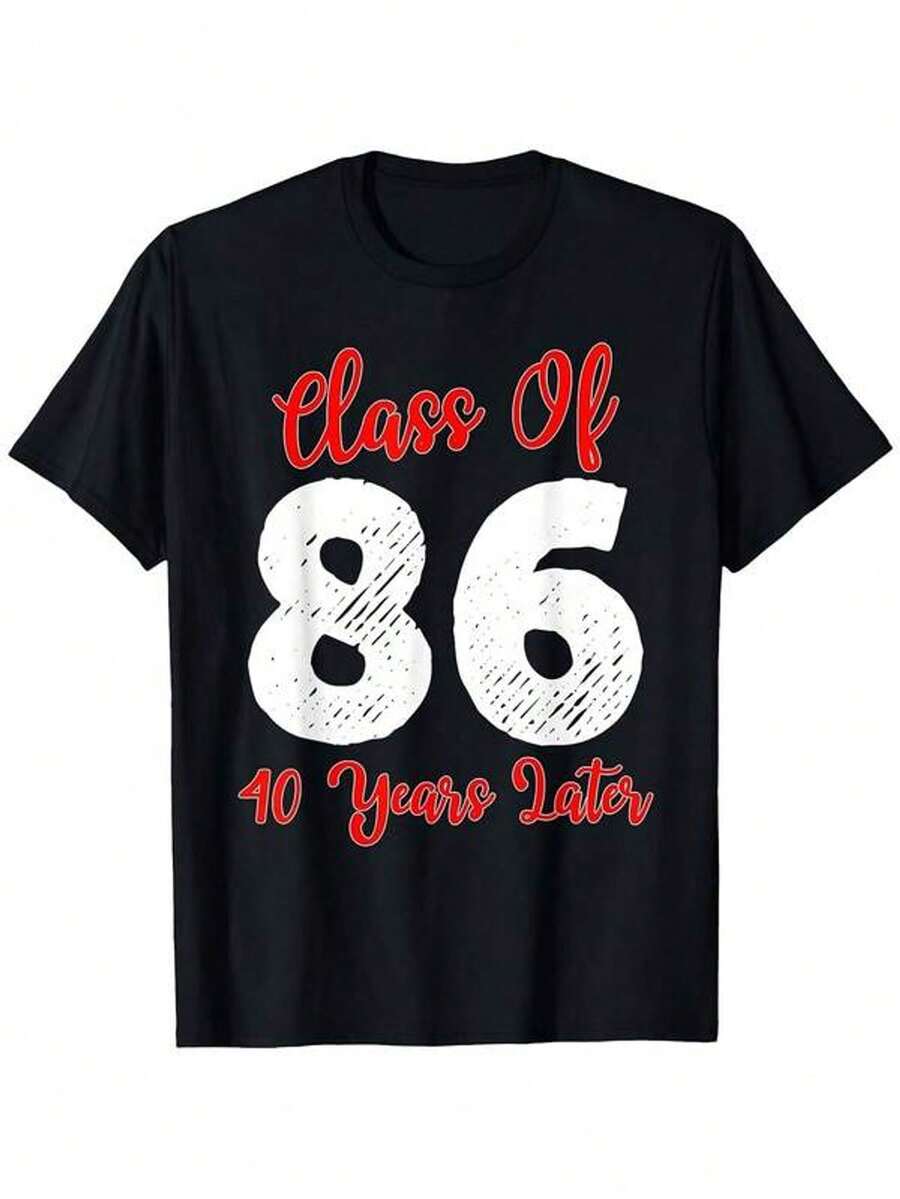 Unisex Crew Neck T-Shirt, 1986 40th Anniversary High School Graduation T-Shirt, Graphic Print T-Shirt, Funny Men's T-Shirt, Unisex Size L, Short Sleeve Printed T-Shirt For Summer 2026, Lightweight And Comfortable Fabric, Suitable For All Seasons, Men's T-Shirts, Men's T-Shirt, T-Shirts. - 黑色 - 查看 1