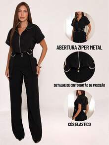 Women's Long Tailored Linen Set - Cropped Blouse And Pants - BLACK LINEN - View 7