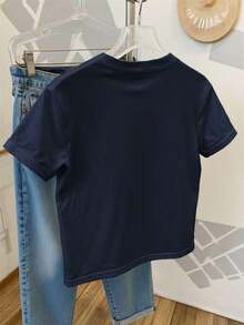 Camiseta de mujer de manga corta y cuello redondo con bordado de lentejuelas en forma de lazo, 56% algodón, estilo minimalista de moda, regalo para amigos - Azul marino 2 - Ver 2