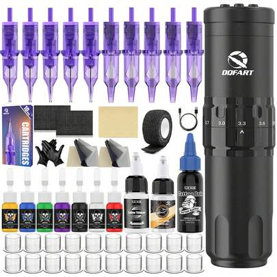 DQFART Wireless Tattoo Kit For Beginners - Includes 1500mAh High-Capacity Tattoo Gun With Aluminum Alloy Shell, Practice Skin, Cartridges And Ink, Suitable For Beginner Practice And Tattoo Enthusiasts