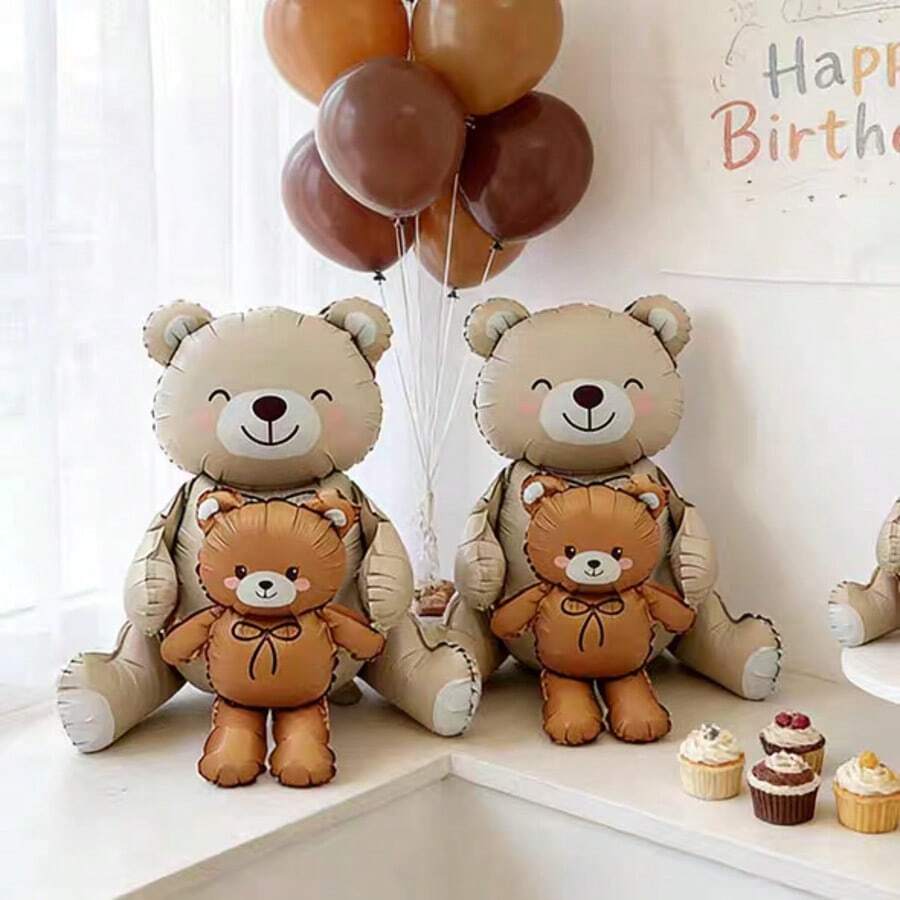 1/2/3/4pcs Sitting Brown Bear Balloon Set, Brown Base Balloons, Suitable For Birthday Party Atmosphere Decoration, Indoor Tabletop Gathering Arrangement, Wedding Ceremony & Theme Party Decor - Digital Bear - View 1