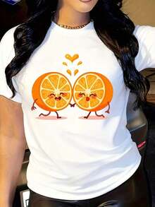 Vintage Mujeres Vintage Naranja Rebanada Gráfico Camiseta - Suave Estiramiento Tripulación Cuello Corto Manga Superior Con Lindo Sonriendo Fruta Imprimir, Para todas las estaciones Informal & Fiesta Desgaste Para Fecha Noches, Soltera Festividades, Carnavales - Sexy Curvilíneo Ajuste Vacaciones Regalo Idea Moda Las camisetas de mujer son frescas y cómodas. - Blanco - Ver 6