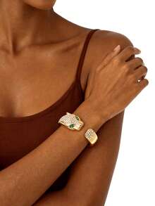 1pc Sexy Rhinestone Inlaid Fashionable Luxury Animal Snake & Leopard Spring Bangle Bracelet For Women, Suitable For Party, Gathering, Outing, Dating, Attending Events, Music Festivals, Bars, Photo Shoots, Gift For Friends And Family - Gold - View 1