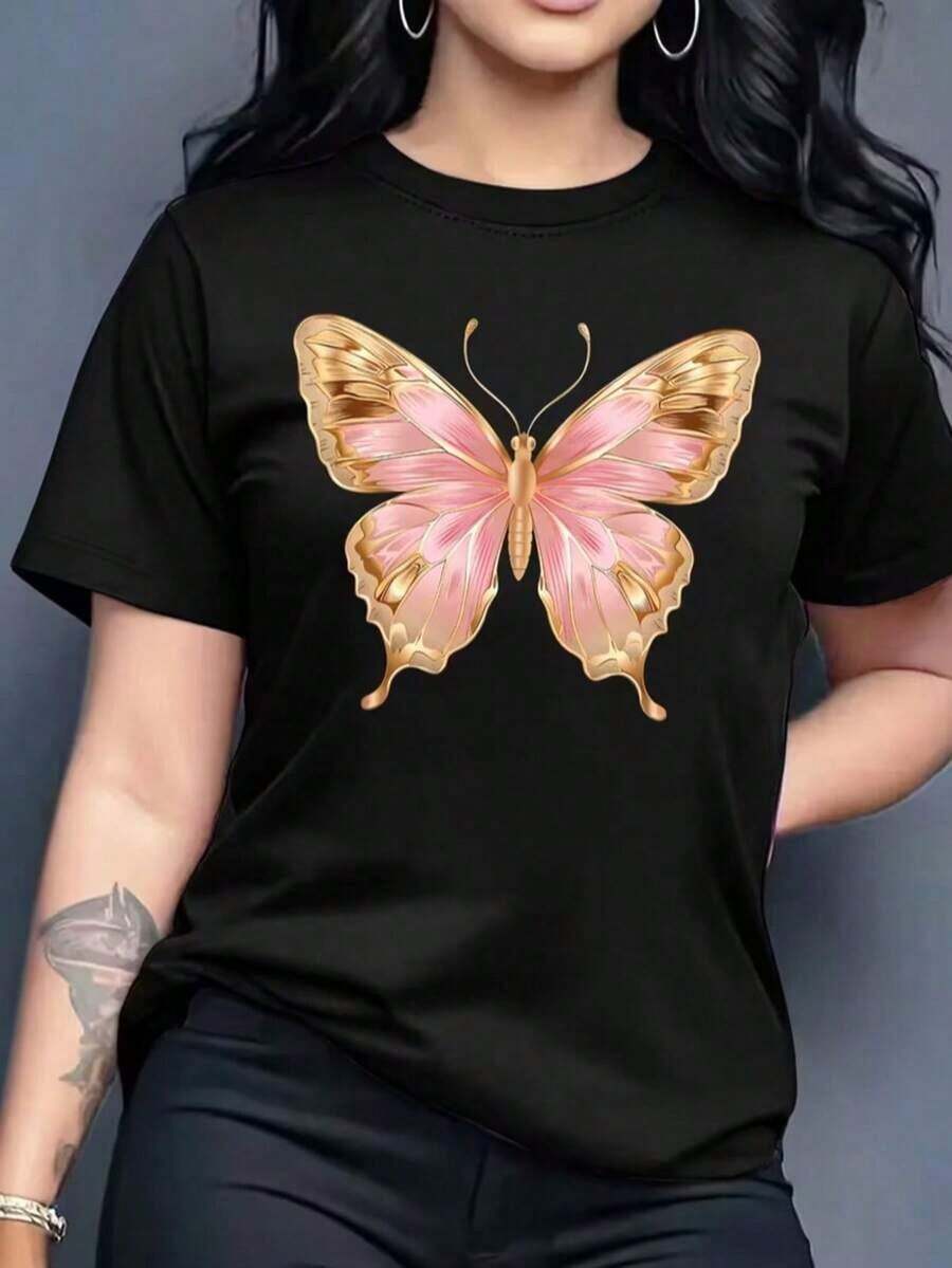 Camiseta playera grafica dama mujer estampado mariposa dorada y rosa mariposas primavera verano dia noche casual corte holgado cuello redondo manga corta material suave - Negro - Ver 1