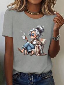 Women's Short-Sleeved Top With A Round Neck In Pure Cotton, Modern Printed Design, Cool And Breathable Fabric, Versatile Garment For Casual Looks, Everyday Occasions And Social Gatherings All Year Round - 灰色 - 查看 1