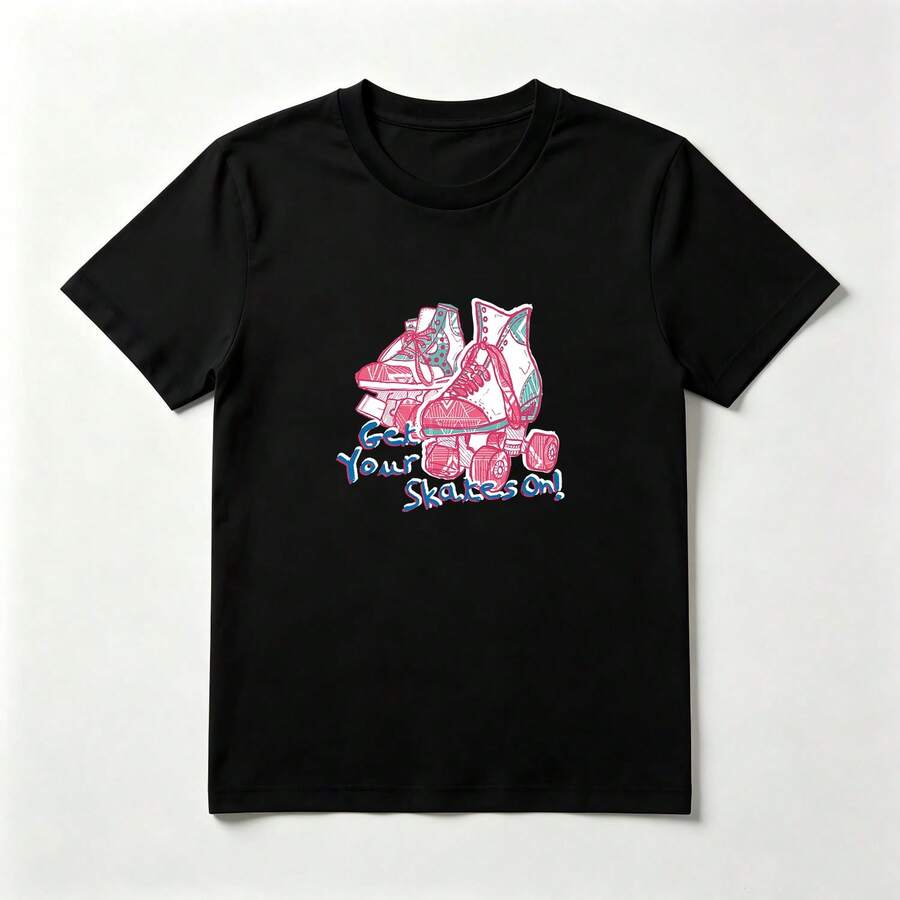 Playera Retro con Estampado de Patines de Ruedas de Algodón Negro Cómoda - Negro - Ver 1
