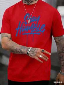 "Stay Humble" Blue Letter Pattern T-Shirt, Cotton T-Shirt, 220g Cotton, Comfortable, For Running Errands, Lounging Or Outdoor Fun, 100% Comfortable Cotton - 紅色的 - 查看 4