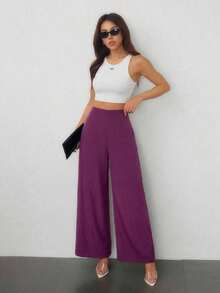 Pantalones anchos de cintura alta con textura, de estilo simple y casual, apropiados para la vuelta al cole y para uso diario - Rojo violeta - Ver 6