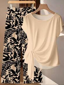 Set de 2 piezas: Blusa morada con lazo minimalista casual + Pantalones rectos holgados con estampado floral, adecuado para vacaciones de primavera/verano - Multicolor 15 - Ver 3