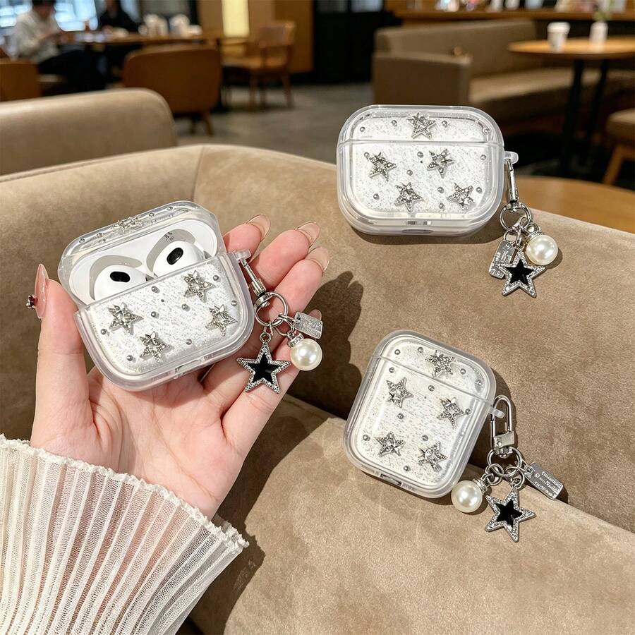 闪亮波点星星苹果耳机保护套，少女优雅软壳，配珍珠吊坠星星链，全包防摔软壳，兼容苹果1/2、Pro、3、Pro 2、4、Pro 3蓝牙耳机 - 白色 - 查看 1