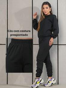 Women's Fleece Set: Long-Sleeved Sweatshirt And Jogger Pants, Flannel Lined, Premium Cotton, Comfortable - màu đen - Xem 7