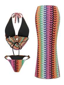 Swim Oasis Top con cuello de halter y pantalones con lazos laterales, traje de baño con lazos laterales y falda, todo en tela especial para vacaciones de verano en la playa para mujeres - Multicolor 4 - Ver 5