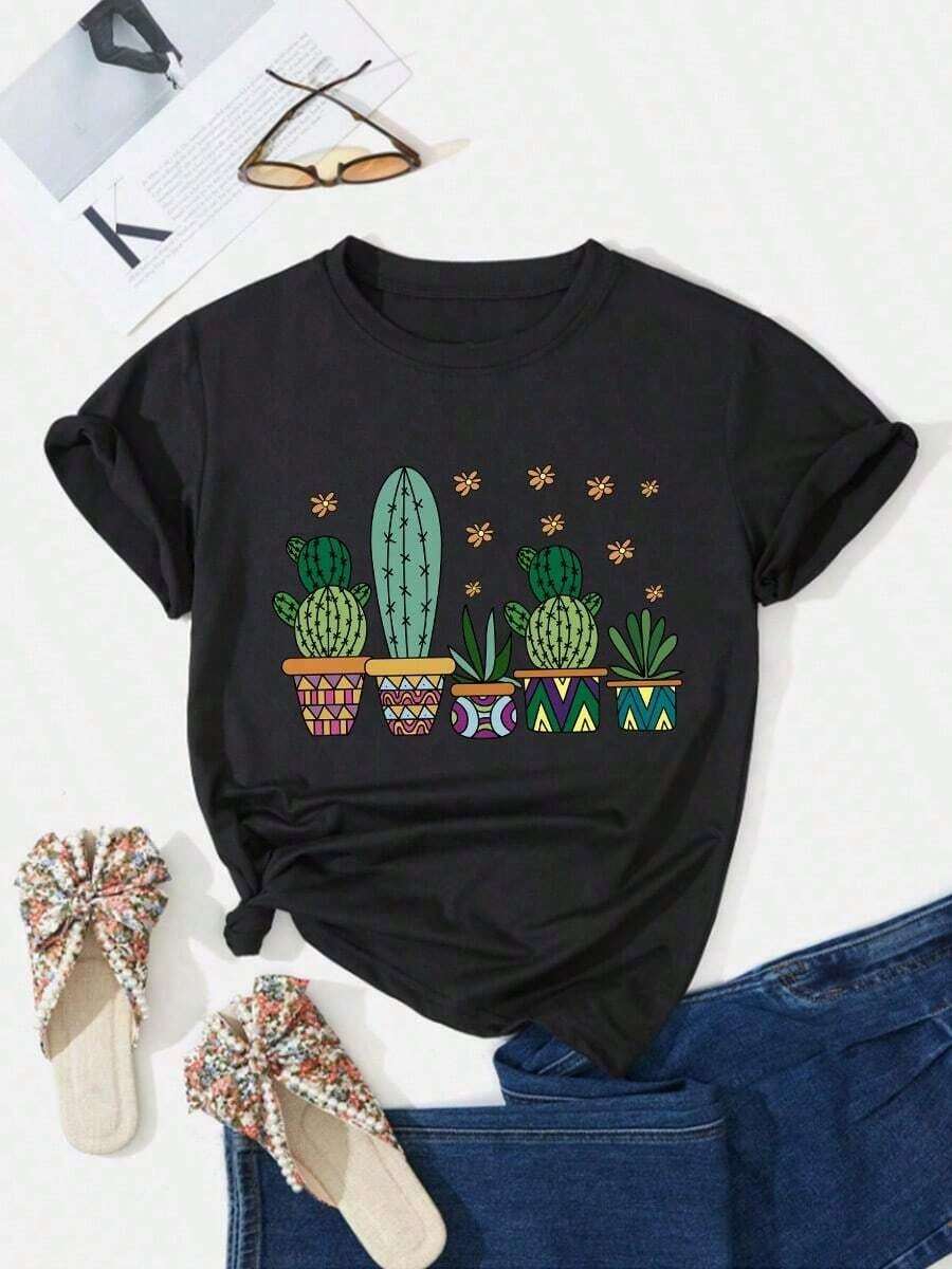 Camiseta de mujer moderna, informal, para fiestas y para estar en casa, 100% algodón, corte holgado.Vintage Camiseta casual de manga corta con estampado de cactus bonsai para mujer,Top de verano con cuello redondoFashion - Negro - Ver 1