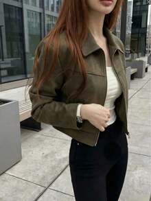 Chaqueta de mujer de unicolor con cuello vuelto y cremallera, de manga larga, adecuada para uso diario, escuela y aeropuerto, primavera/otoño, color negro - Caqui - Ver 2