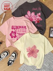 Set de 3 camisetas de manga corta con cuello redondo y estampado floral minimalista y elegante de verano, versátil para uso diario y casual para mujeres en color rosa - Gris Oscuro - Ver 3