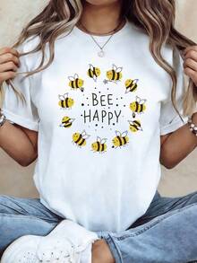 1 pieza de camiseta de talla grande para mujer con estampado de abeja "BEE HAPPY", estilo curativo y divertido, adecuada para el uso diario, interacciones entre padres e hijos, para transmitir momentos felices y como atuendo para reuniones de amigas, manga corta, 180g, 100% algodón. - Blanco - Ver 1