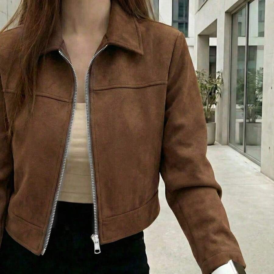 Chaqueta con cremallera de unicolor y cuello de ante sintético para mujer, uso casual para la escuela, el aeropuerto, primavera/otoño - Marrón - Ver 1
