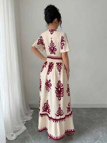Vestido largo con mangas cortas, cintura fruncida y cinturón con estampado floral para mujeres - Multicolor 4 - Ver 2